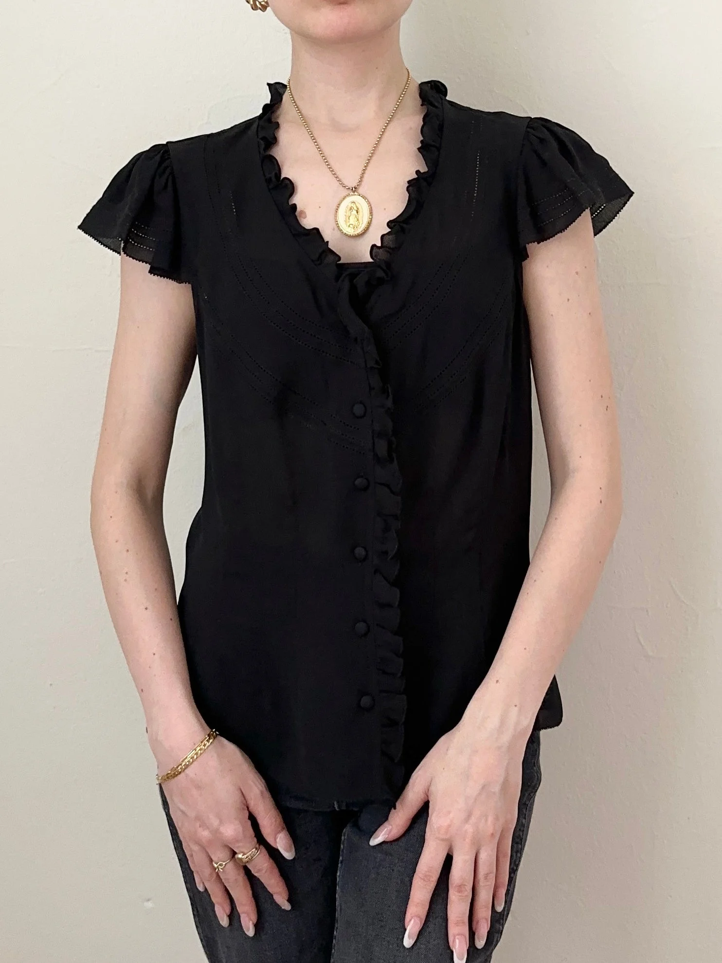 Romantic Black Silk Ruffle Button Up Blouse (6)