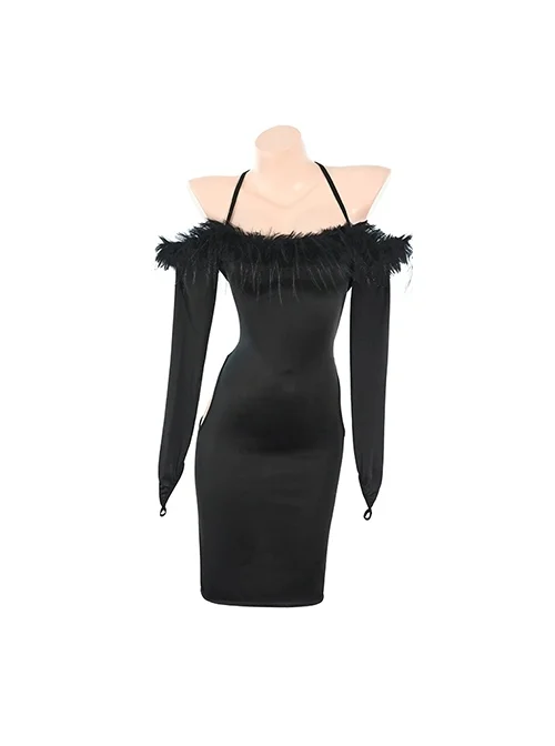 Romantic Lazy Style Off-Shoulder Plush Collar Black Backless Both Sides Hollow Exposed Buttocks Tight Nightdress Sexy Lingerie Set