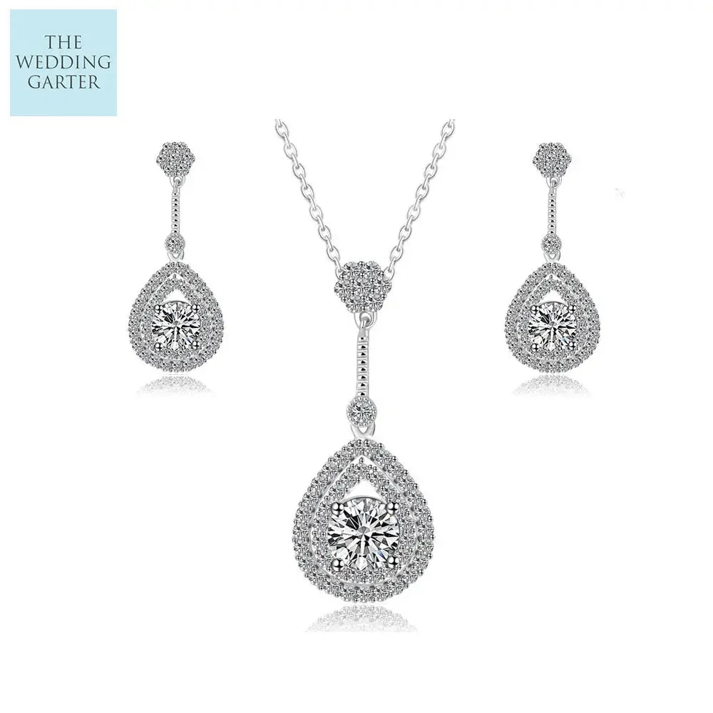 Romantic Pave Cubic Zirconia Pendant Bridal Jewellery Set