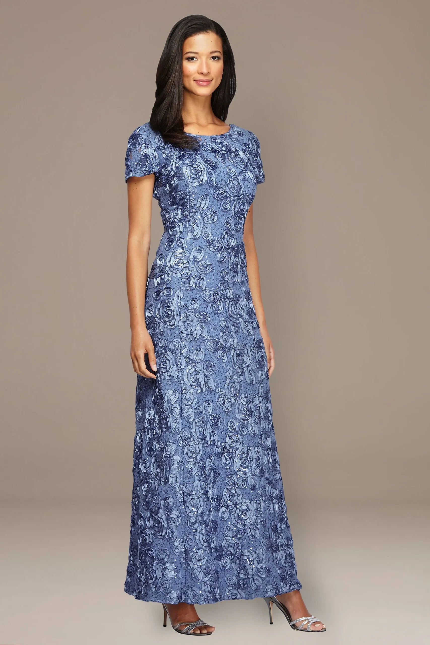 Rosette Lace Cap Sleeve A-Line Gown