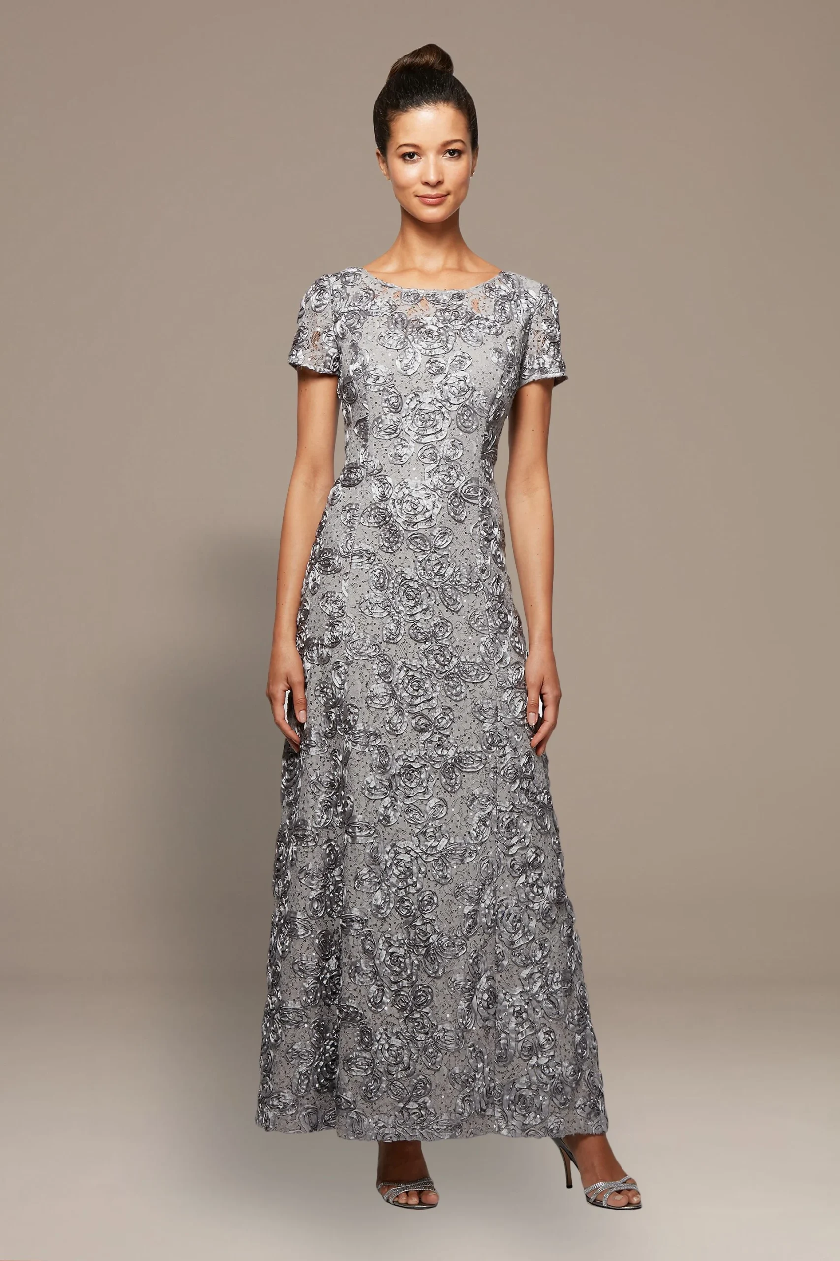 Rosette Lace Cap Sleeve A-Line Petite Gown