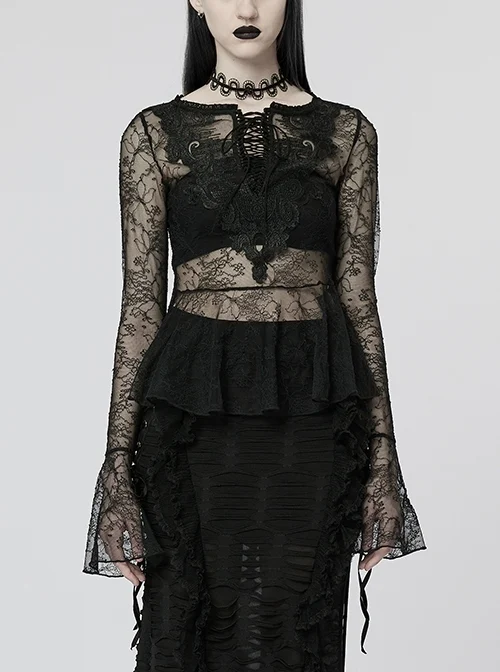Round Neck Bell Sleeve Sheer Stretch Lace Chest Strap Adjustable Black Gothic Sheer Lace T-Shirt