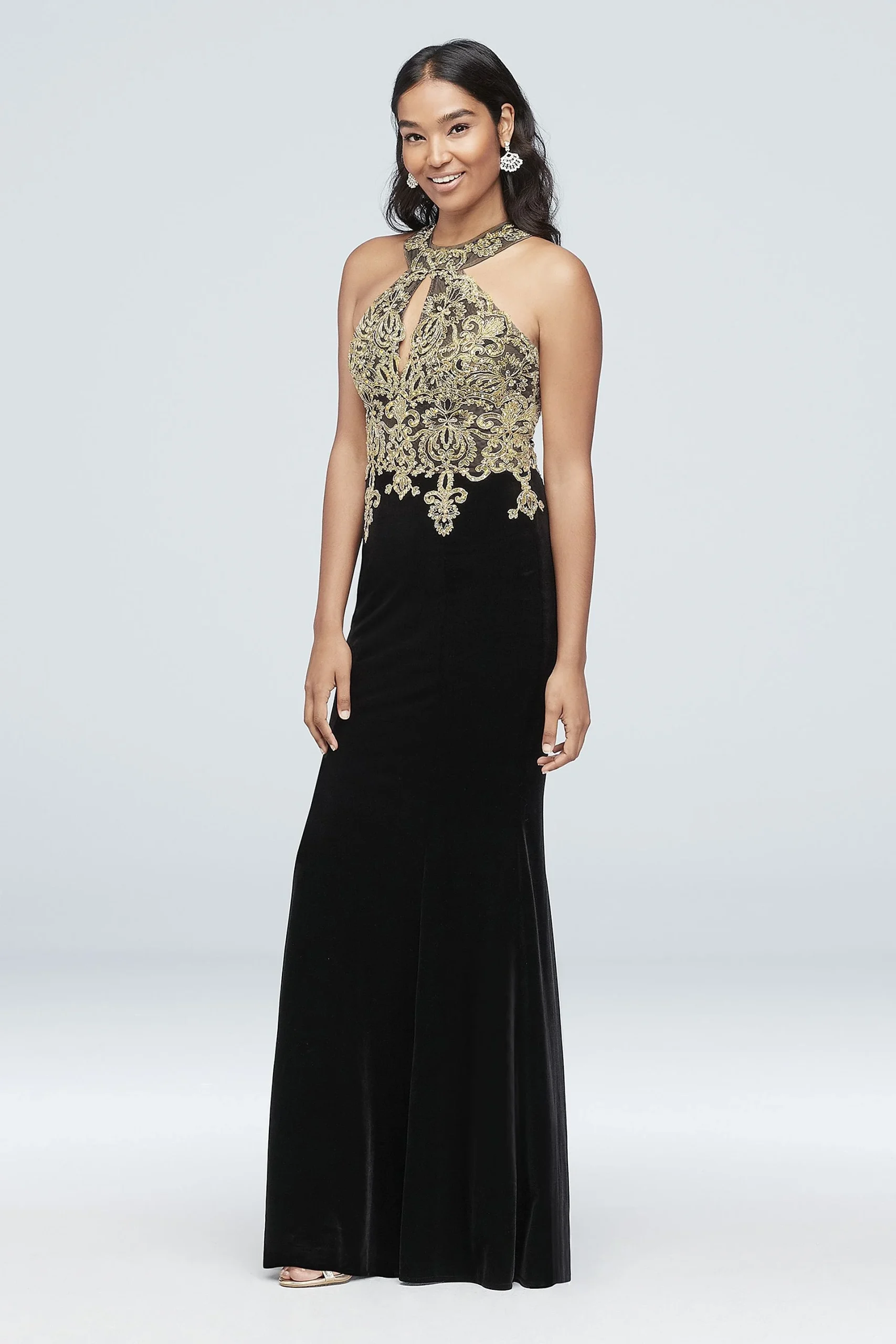 Round Neck Metallic Lace and Velvet Halter Gown