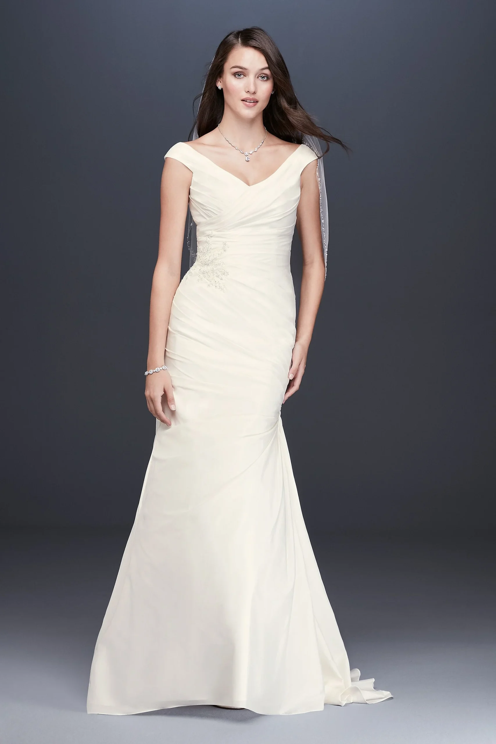 Ruched Taffeta Cap Sleeve Trumpet Wedding Dress