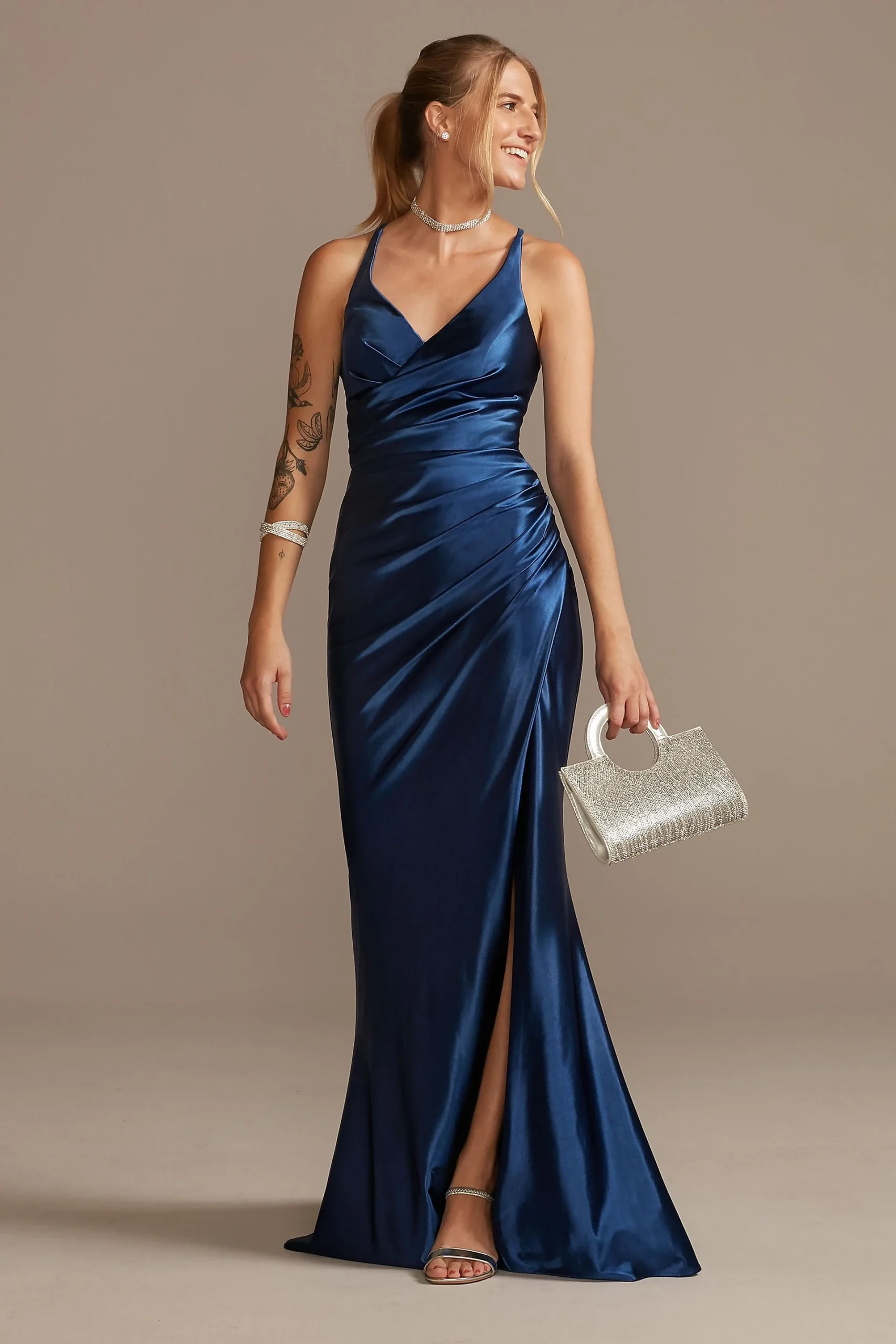 Ruched V-Neck Stretch Satin Sheath Gown with Slit
