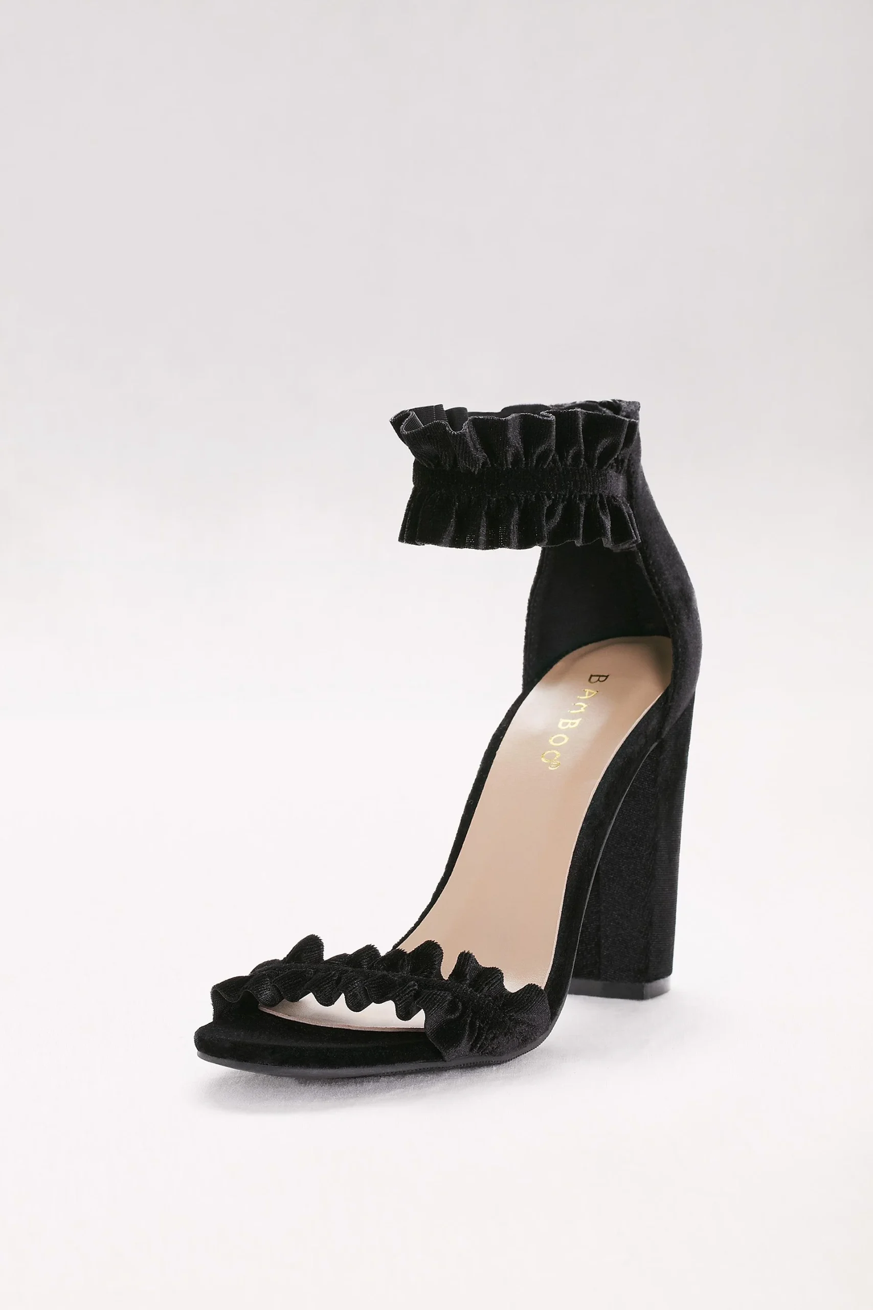 Ruffled Velvet Ankle-Strap Heels