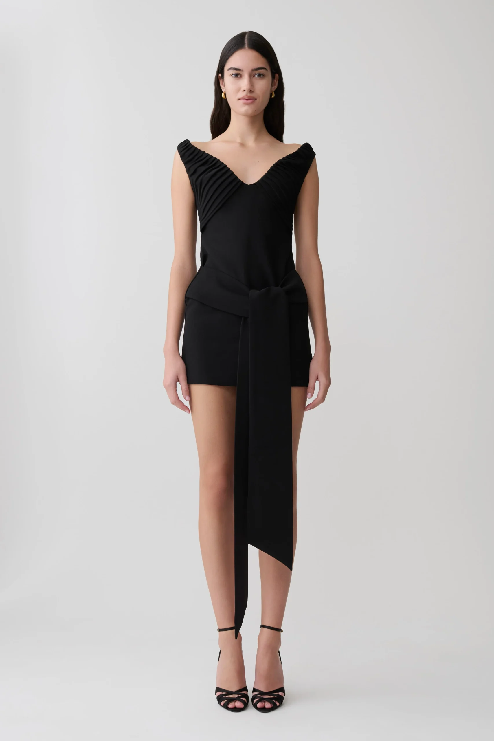 RunaOff Shoulder Mini Dress With Waist Tie - Black