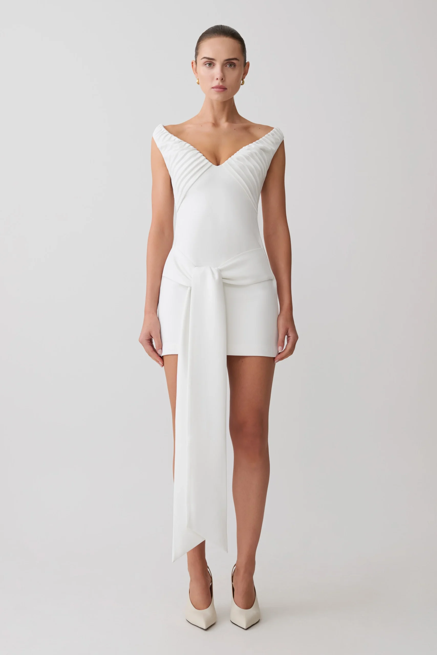 RunaOff Shoulder Mini Dress With Waist Tie - White