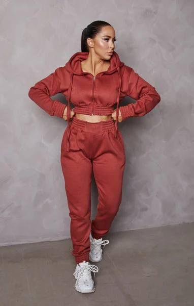 Rust Cropped Zip Front Elasticated Hem Hoodie And High Waisted Jogger Loungewear Set - Addisyn