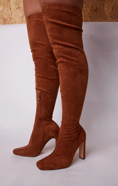 Rust Fabric Over The Knee Square Toe Heeled Boots - Oliviana
