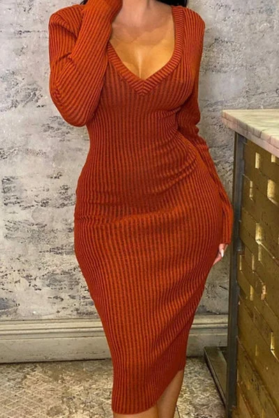 Rust Ribbed V Neck Midi Jumper Dress - Ivy