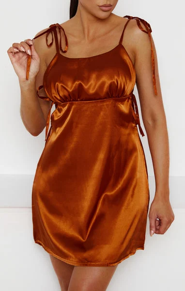 Rust Satin Ruched Bust Tie Detail Mini Dress - Azaria