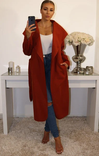 Rust Waterfall Duster Belted Long Coat - Pola