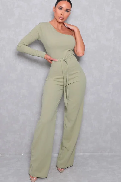 Sage Belted One Shoulder Jumpsuit - Evelyn