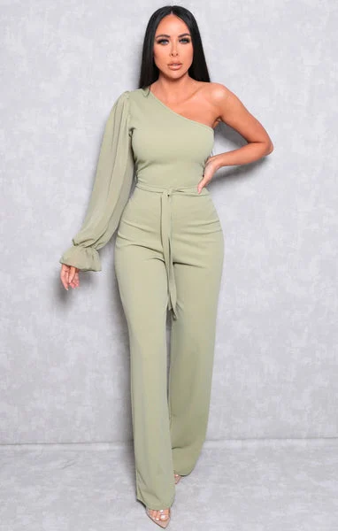 Sage Mesh One Shoulder Sleeve Flare Leg Jumpsuit - Daisy