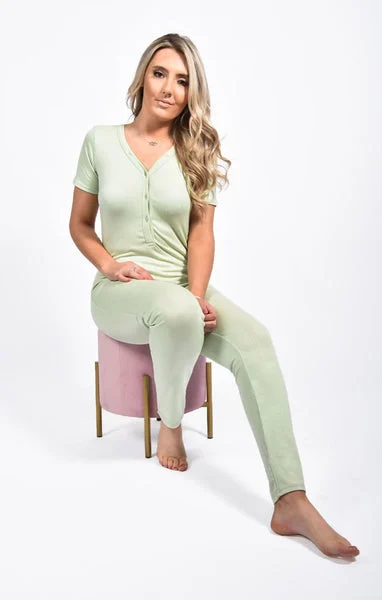 Sage Rib Button Up Short Sleeve Jumpsuit - Olivia