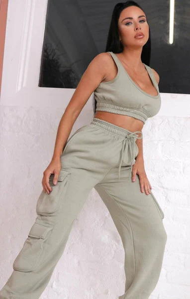 Sage Sleeveless Crop Top & Oversized Drawstring Waist Utility Pocket Joggers Co-ord - Hailey