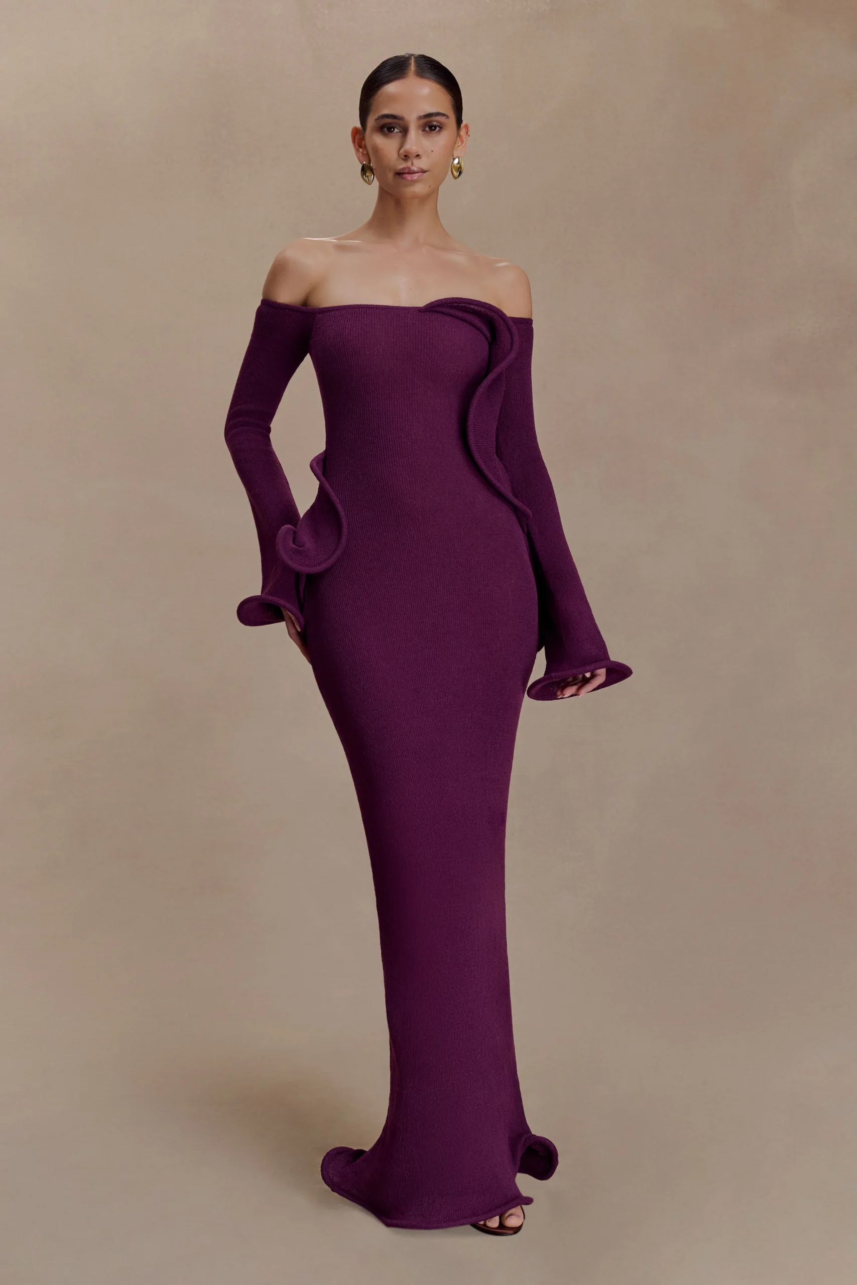 SandrineOff Shoulder Knit Maxi Dress - Plum