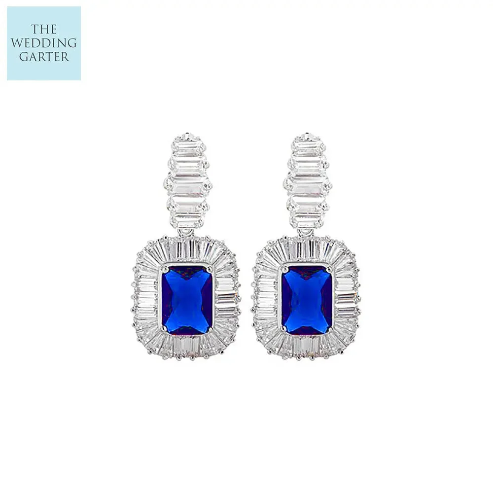 Sapphire Blue Cubic Zirconia Diamond Bridal Earrings