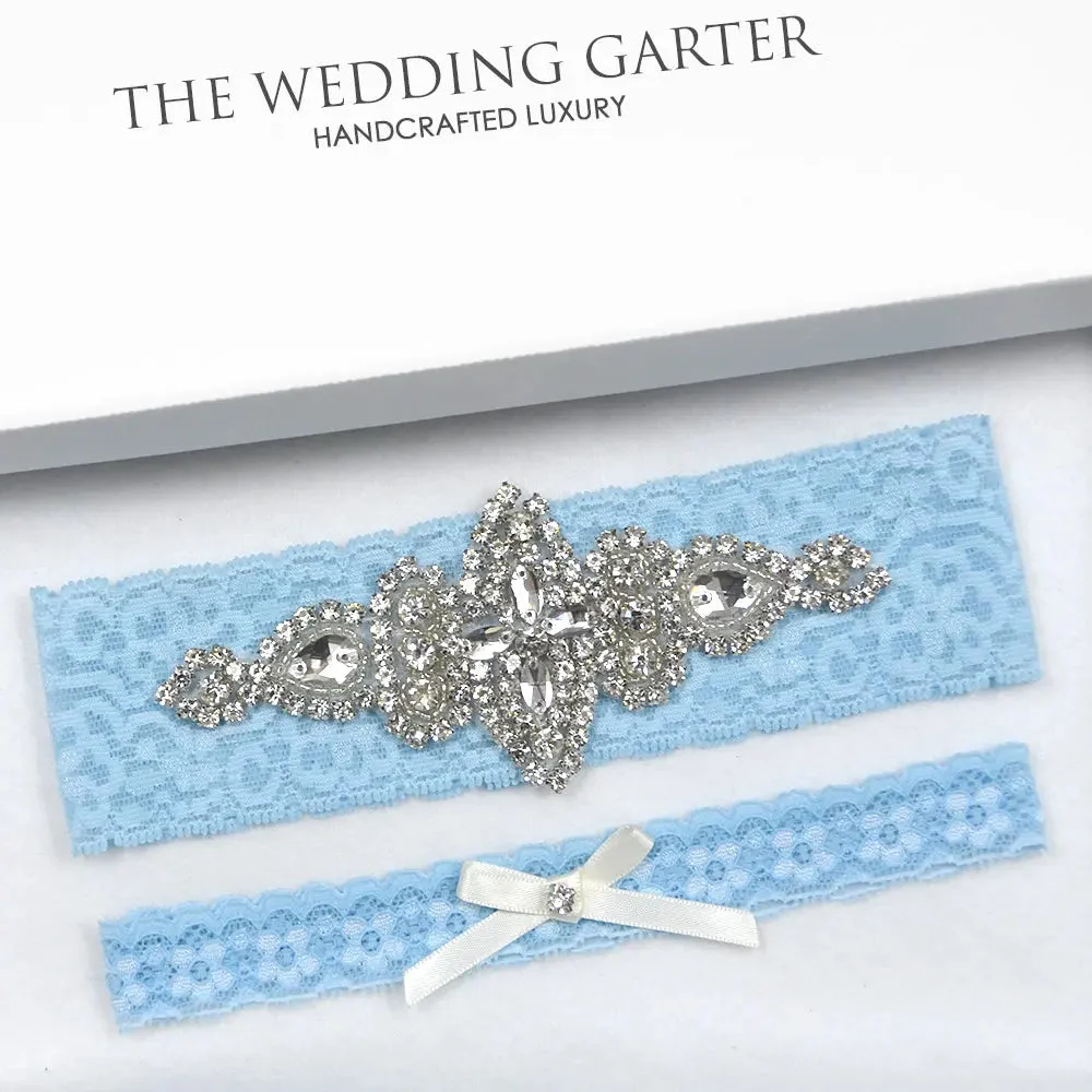Sara Blue Lace & Rhinestone Bridal Garter Set Online