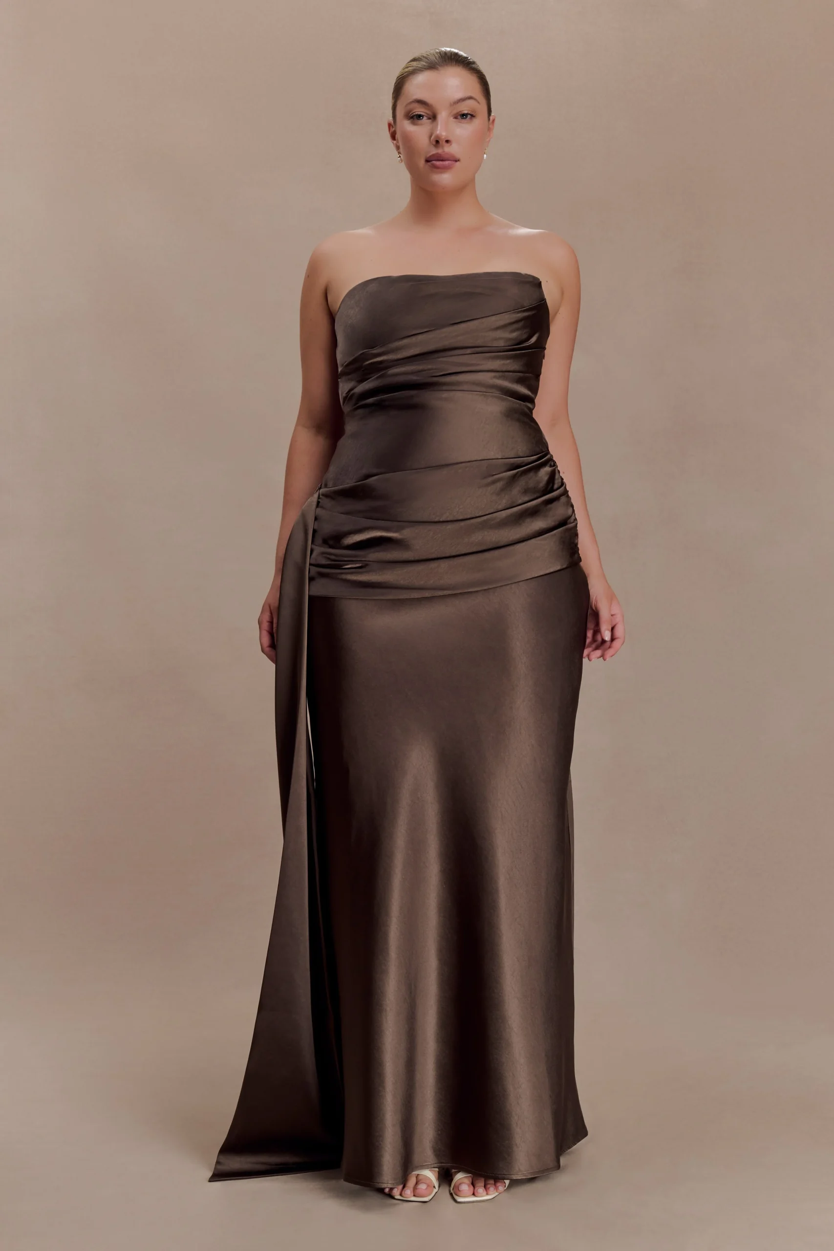 SarahStrapless Maxi Dress With Waist Tie - Mocha