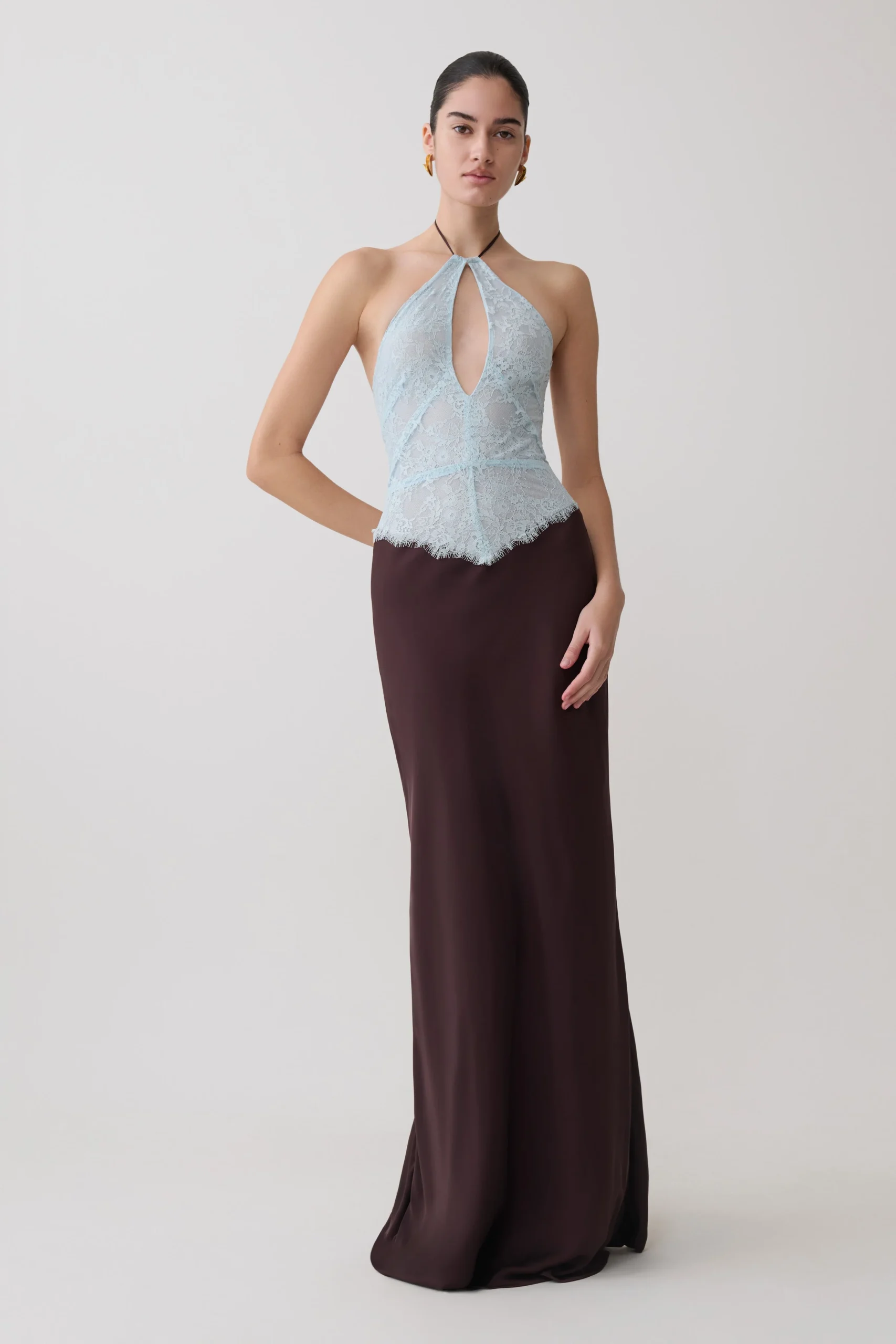 SaschaLace And Satin Halter Maxi Dress - Ice Blue/Chocolate