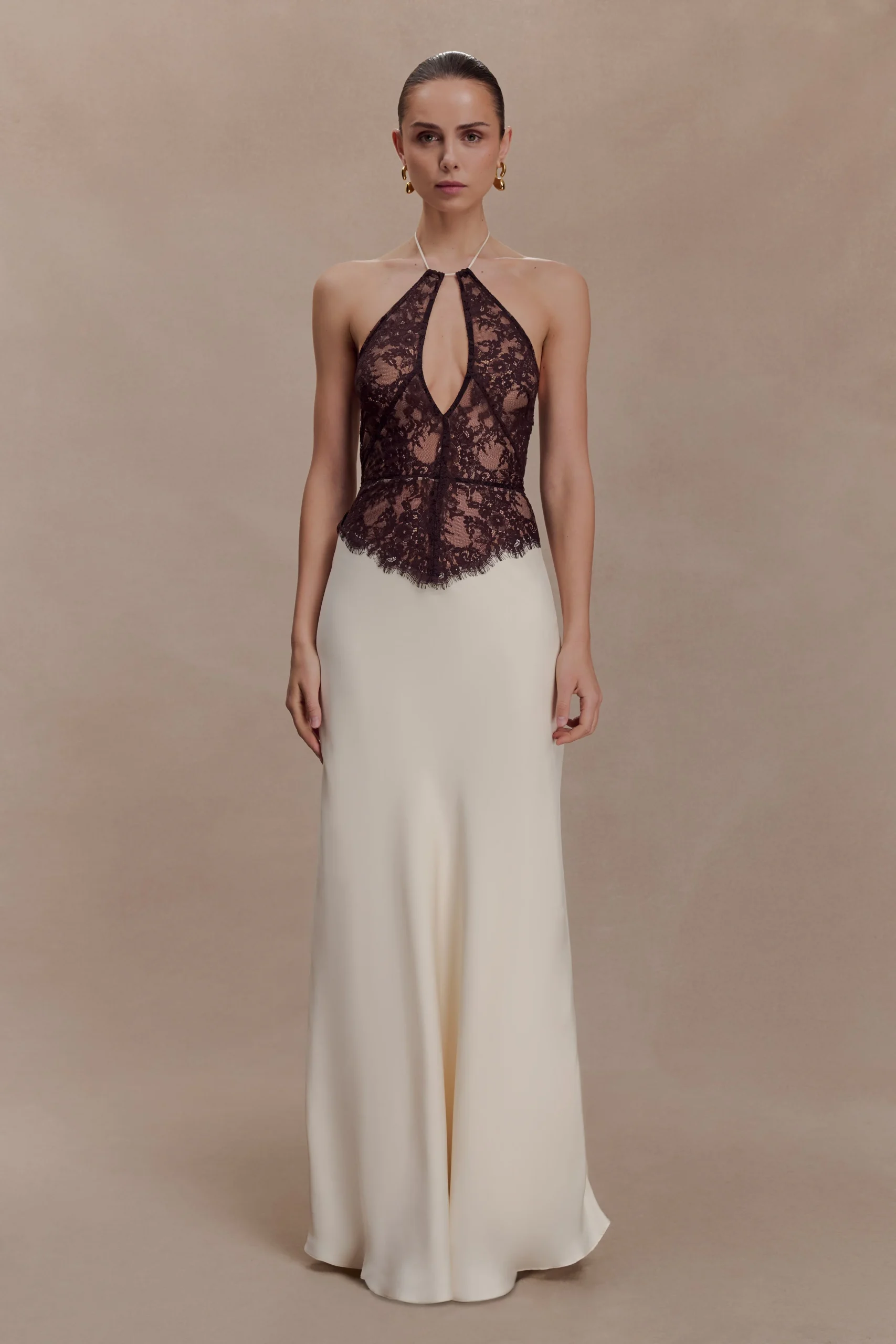 SaschaLace And Satin Halter Maxi Dress - Ivory/Chocolate