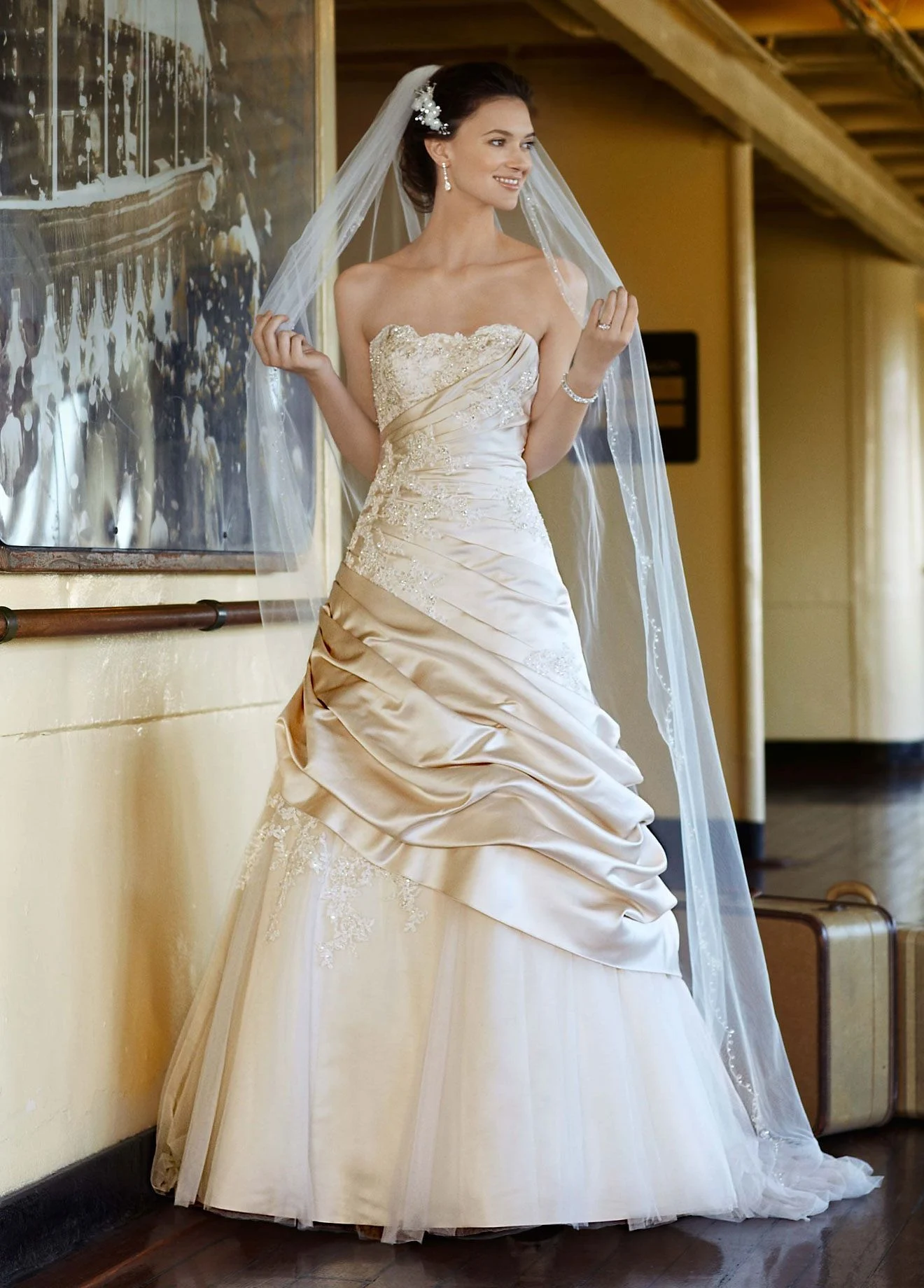 Satin Ball Gown with Appliques and Tulle Underlay