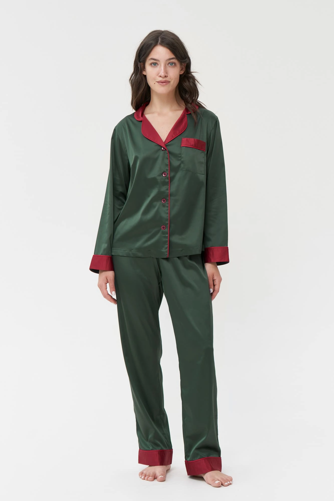 Satin Christmas Pyjamas in Red & Green
