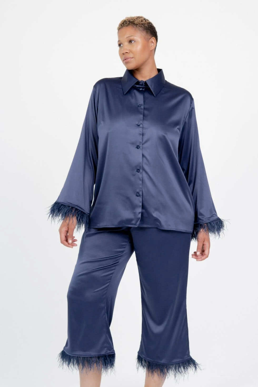 Satin Feather PJs in Navy Blue