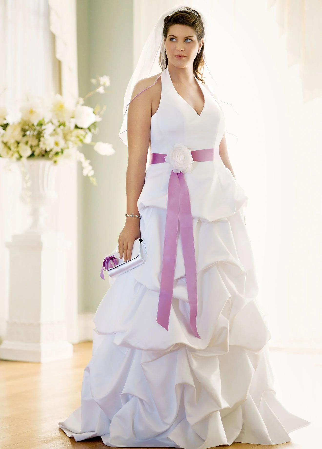 Satin Halter Ball Gown with Pick-up Skirt