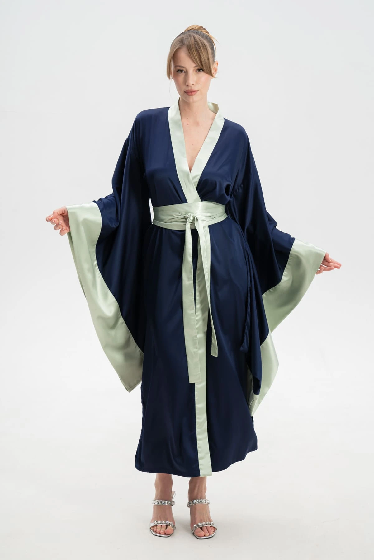 Satin Kimono Robe in Navy Blue