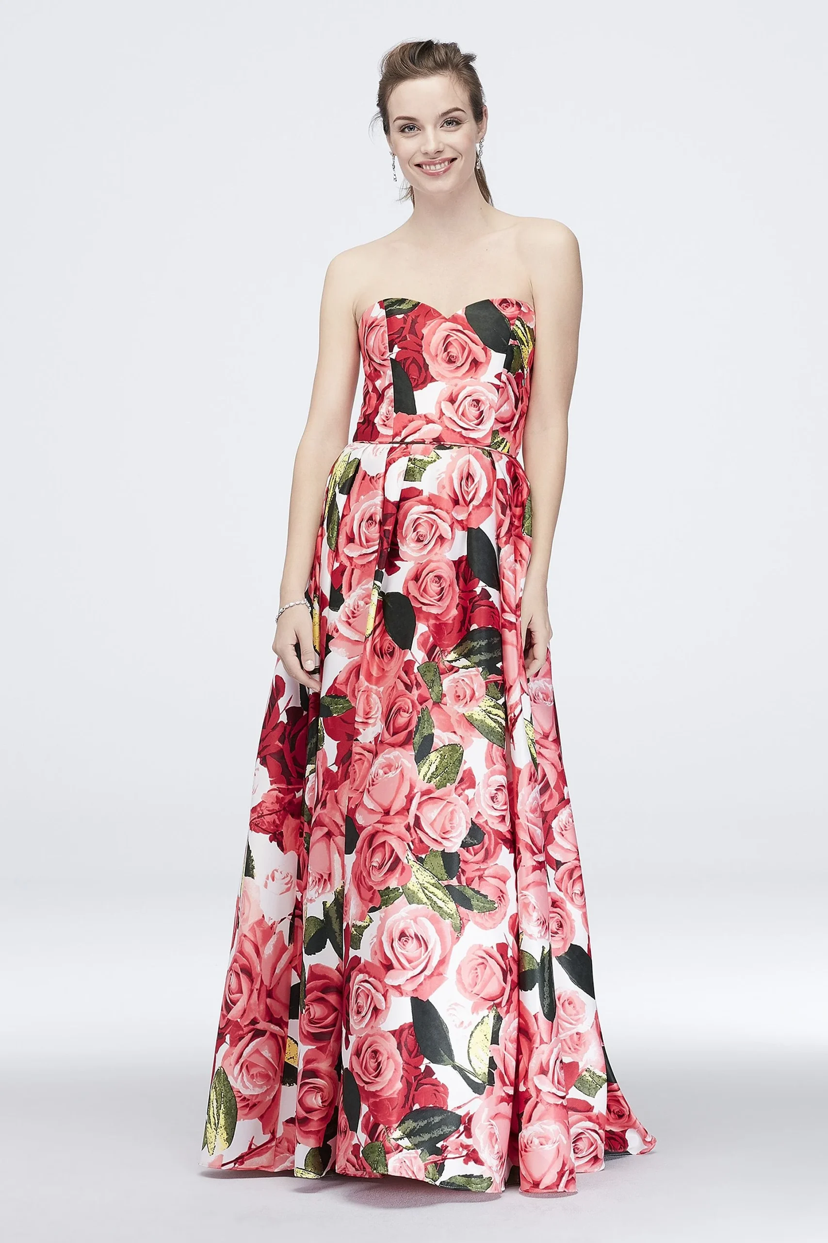 Satin Lace-Up Strapless Floral-Printed Ball Gown