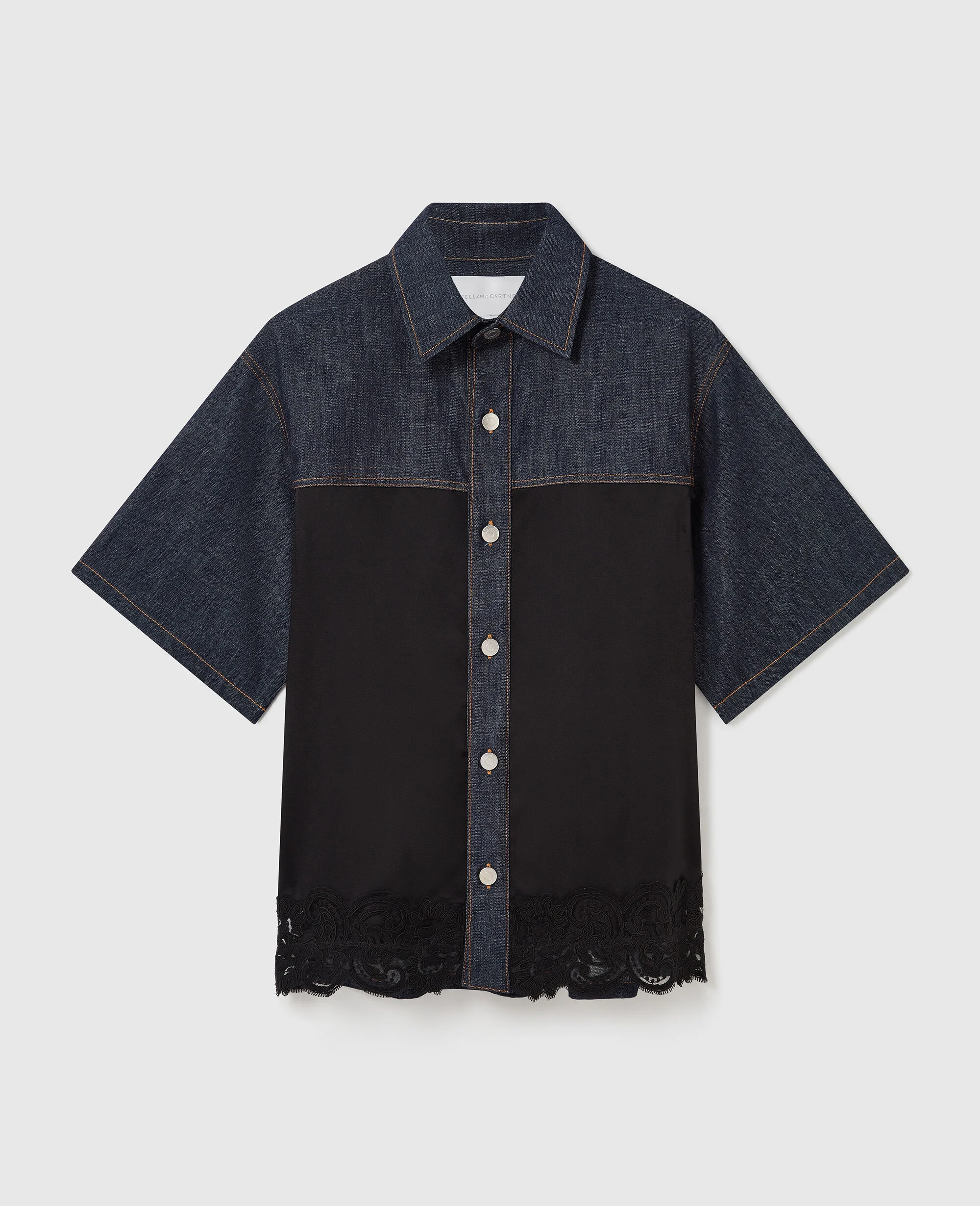 Satin Panel Short-Sleeve Denim Shirt