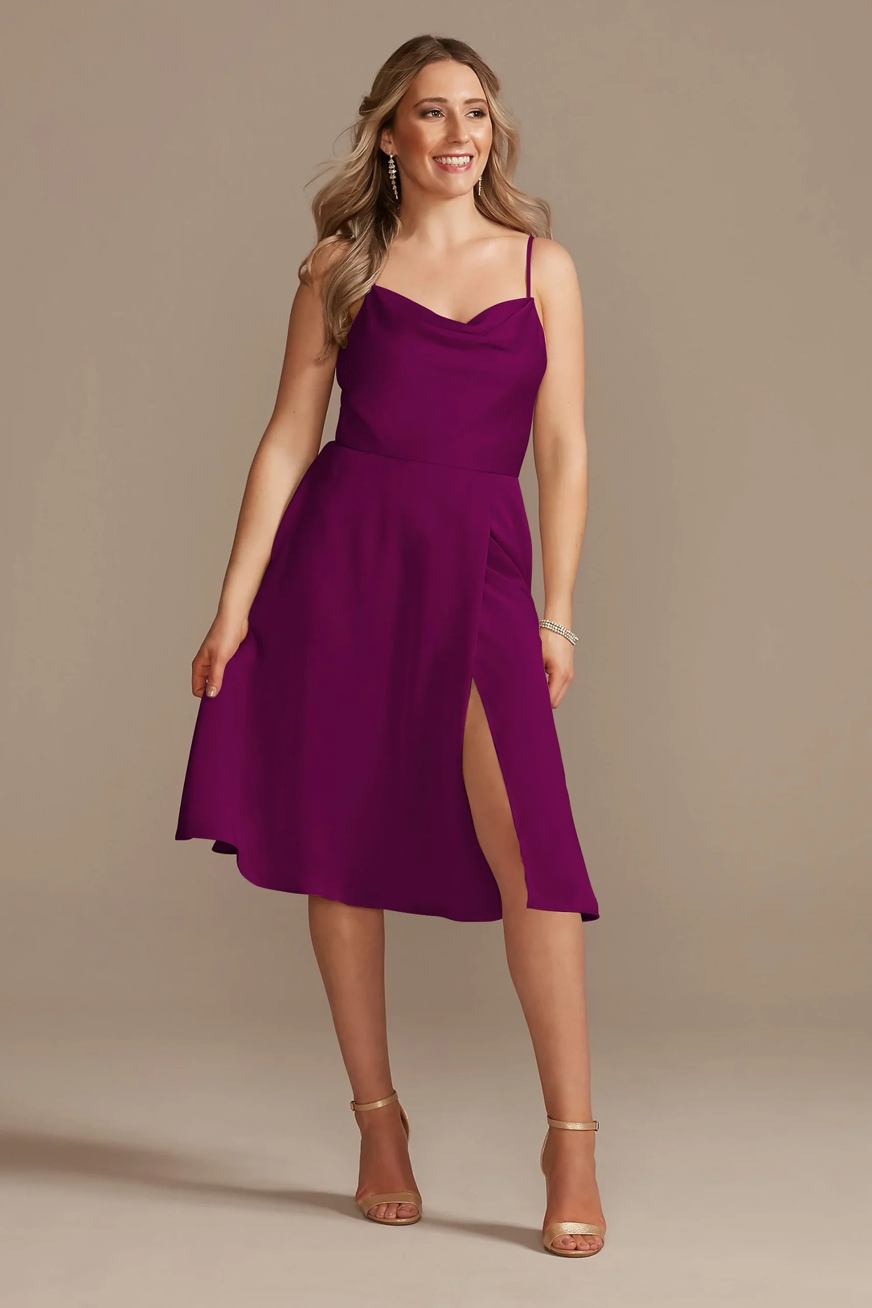 Satin Spaghetti Strap Cowl Midi Bridesmaid Dress