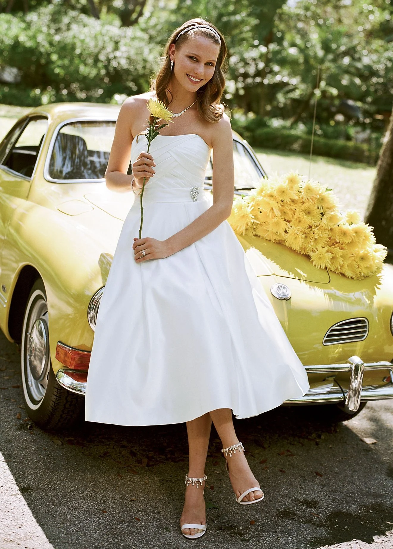 Satin Tea-Length Gown with Box Pleats