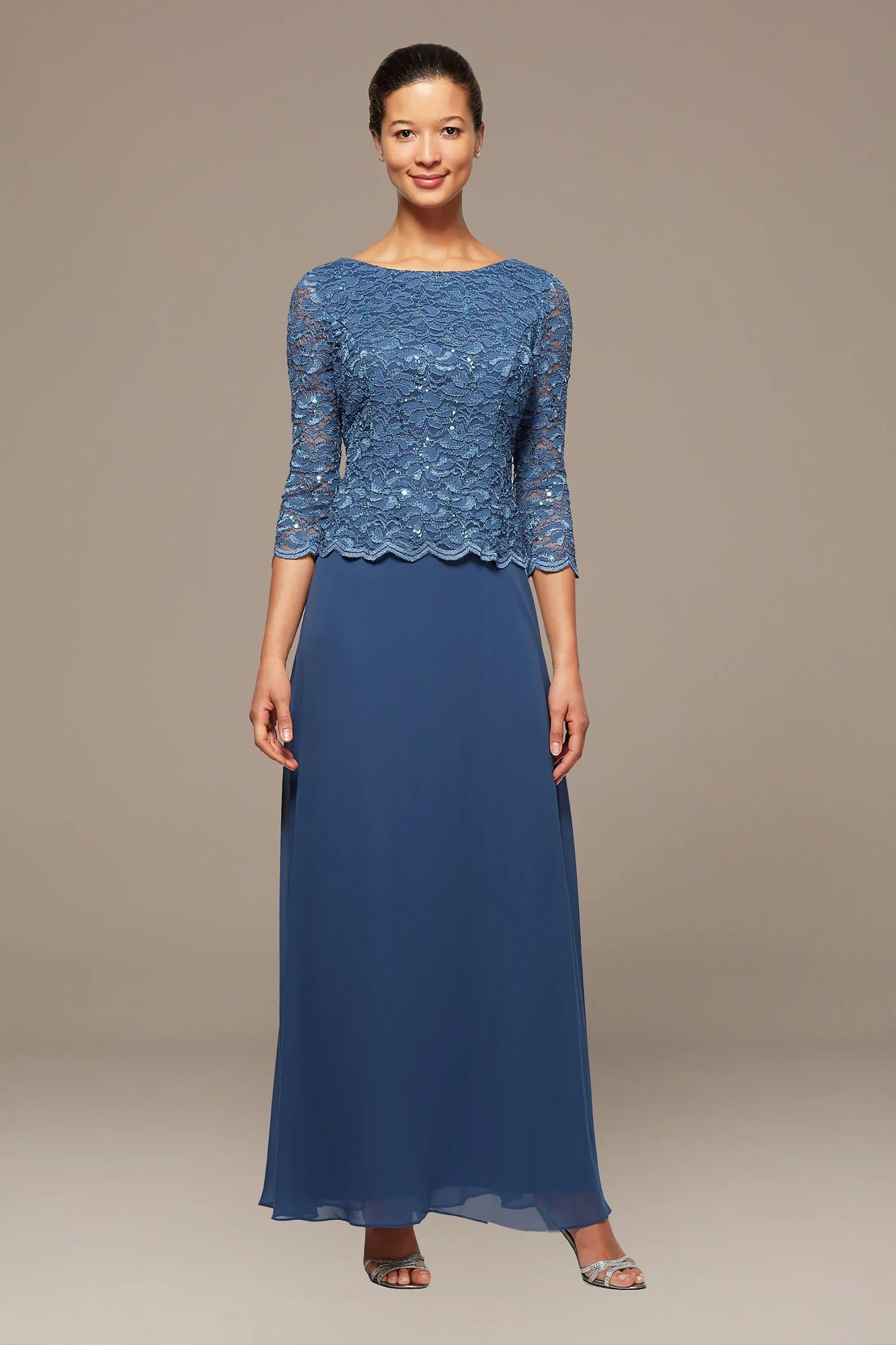 Scalloped Lace and Chiffon Petite Gown