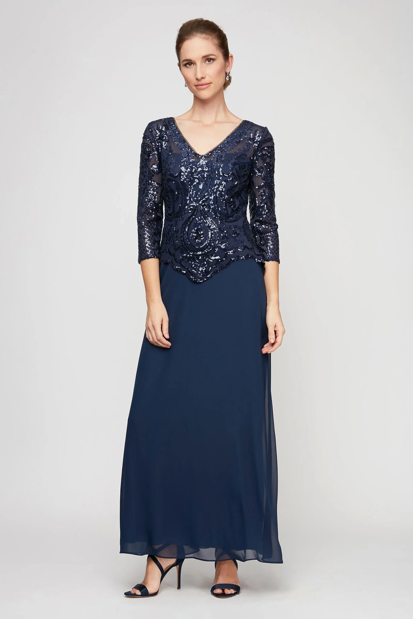 Scalloped Sequin 3/4 Sleeve V-Neck Mock Dress