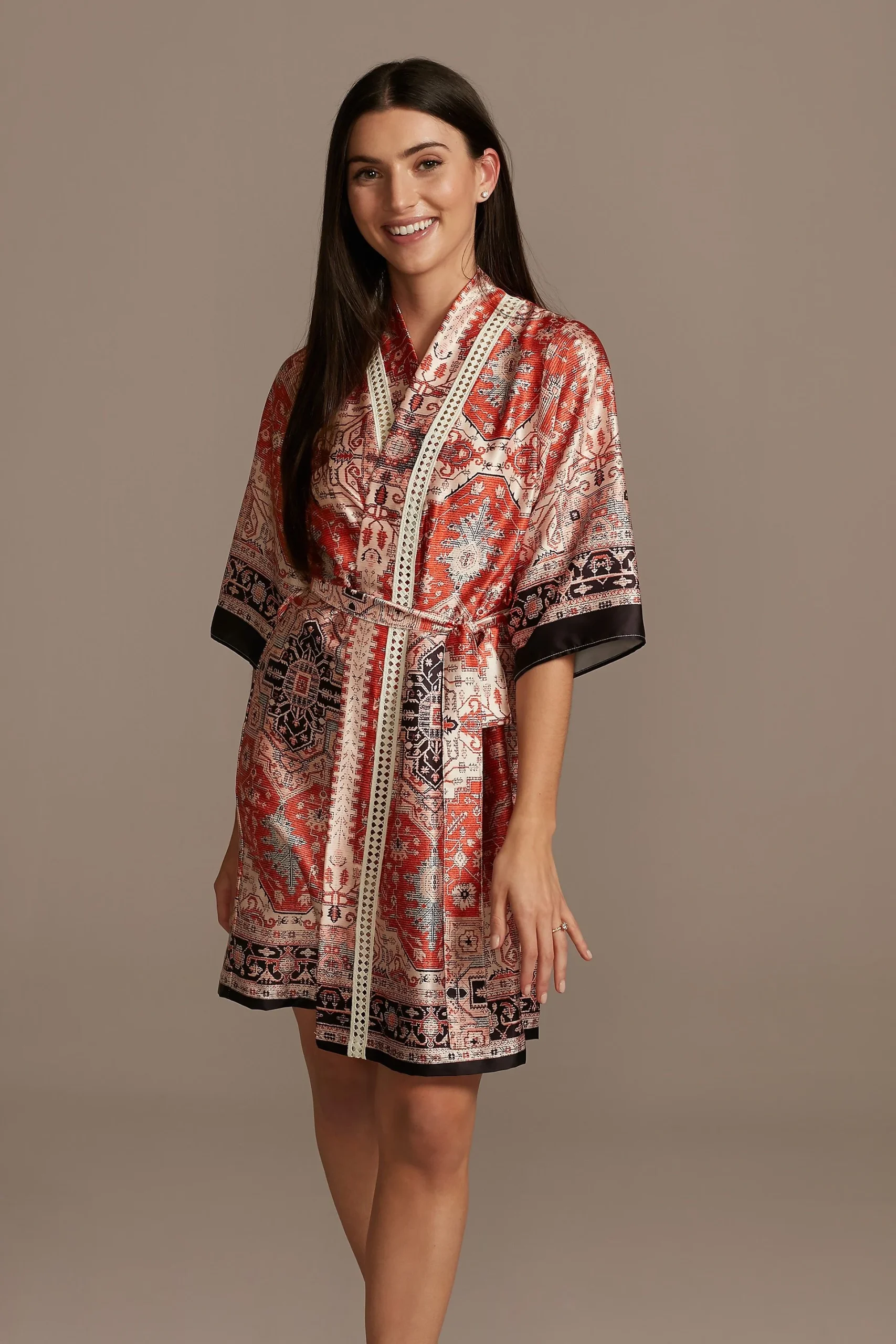Scarf Print Satin Robe with Crochet Trim