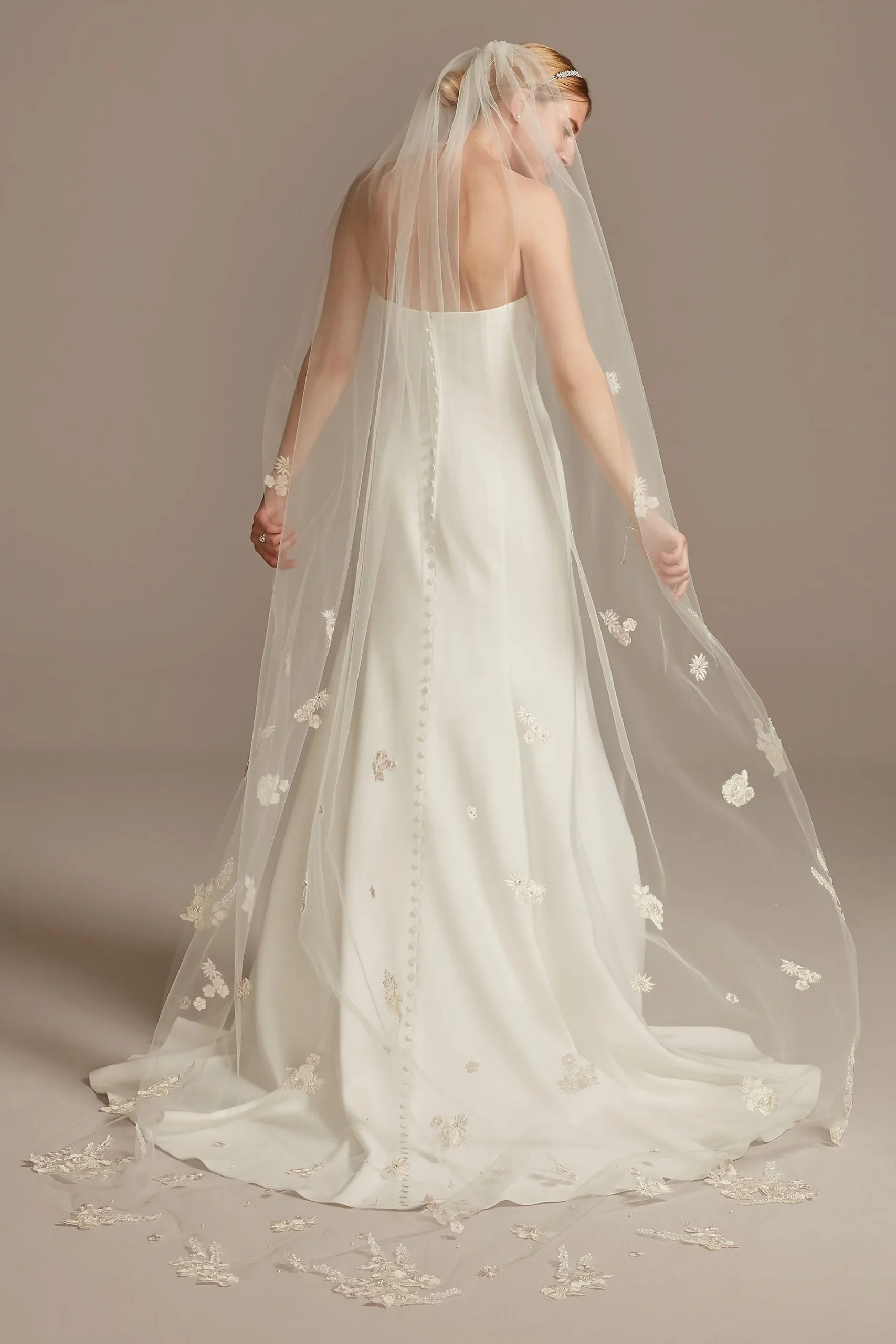 Scattered Embroidered Florals Chapel Length Tulle