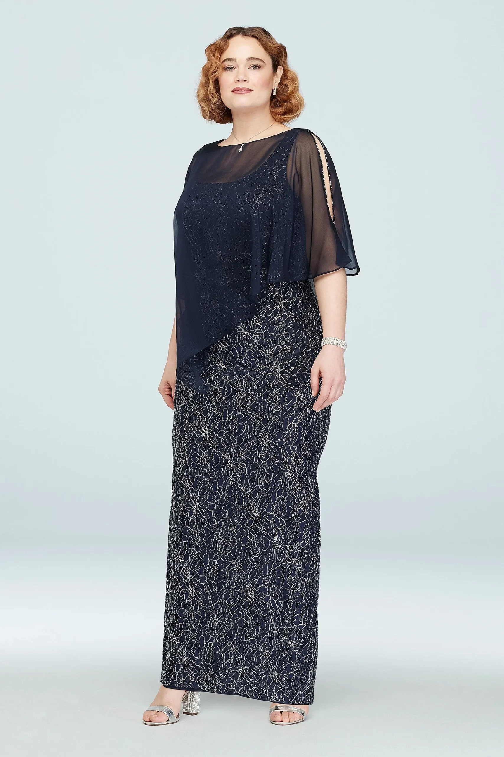 Scoop Neck Metallic Lace Gown with Beaded Capelet