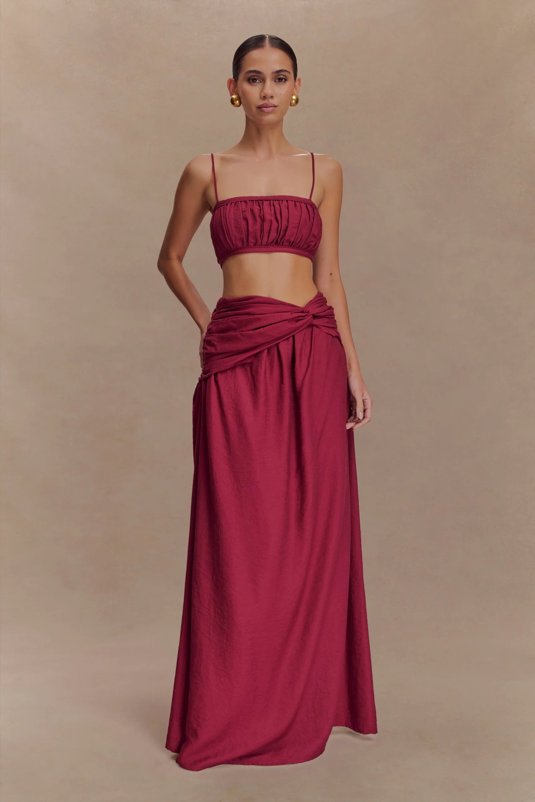 ScottieGathered Linen Knot Maxi Skirt - Wine