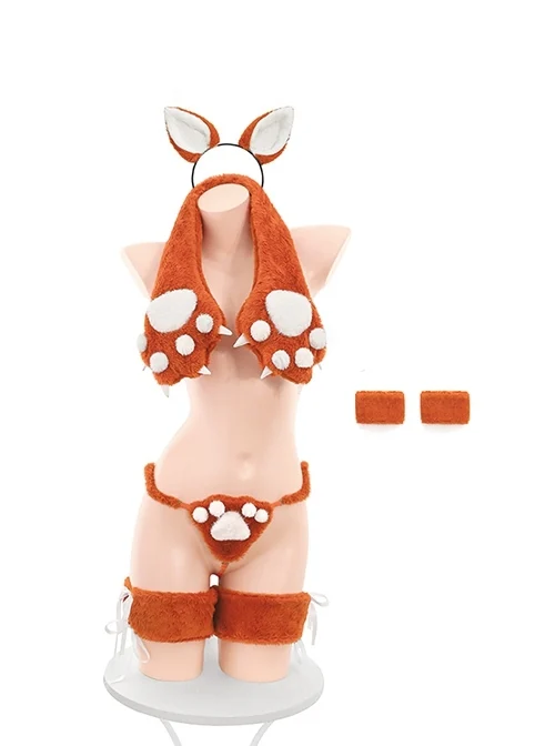 Second Dimension Cute Paws Foxes Dogs With Tail Short Plush Three-Point Sexy Underwear Set