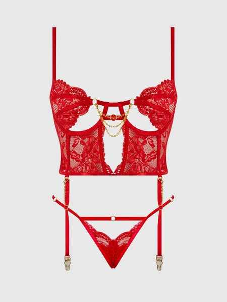 Seductive Red Lace Bodysuit with Chains & Open Back