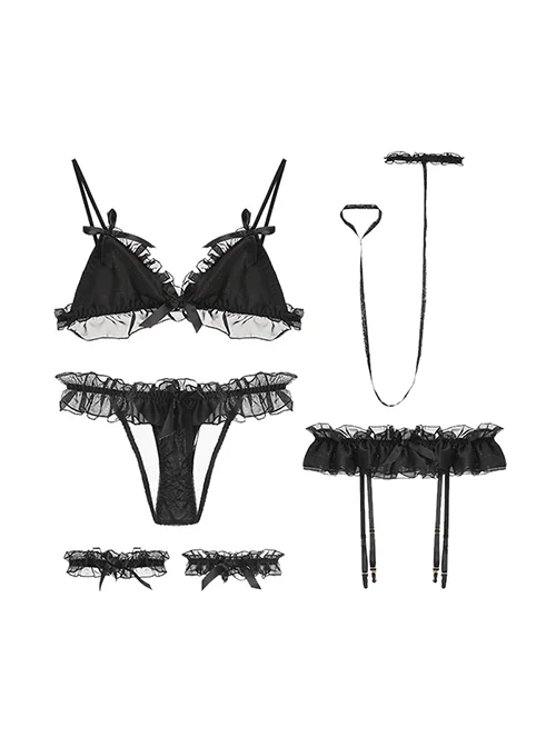 See-Through Hollow Temptation Solid Color Ruffled Chiffon Sweet Princess Garter Three-Point Sexy Lingerie Set
