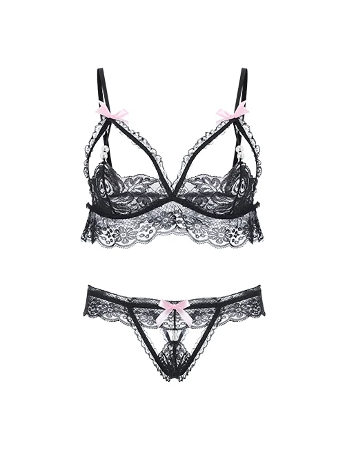 See-Through Lace Hollow Exposed Breasts Temptation Three-point Sexy Lingerie Set