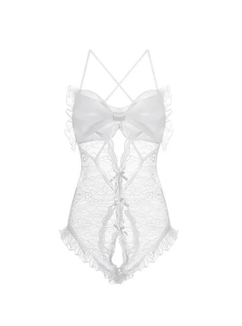 See-Through Lace Sweet Ruffled Big Bowknot Backless Open Crotch Exposed Hips Slim Jumpsuit Sexy Lingerie