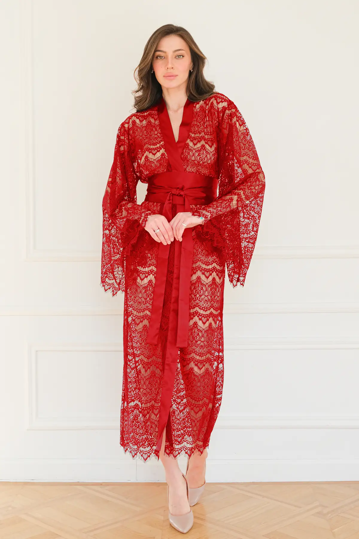 See Through Robe with Sheer Lace in Red