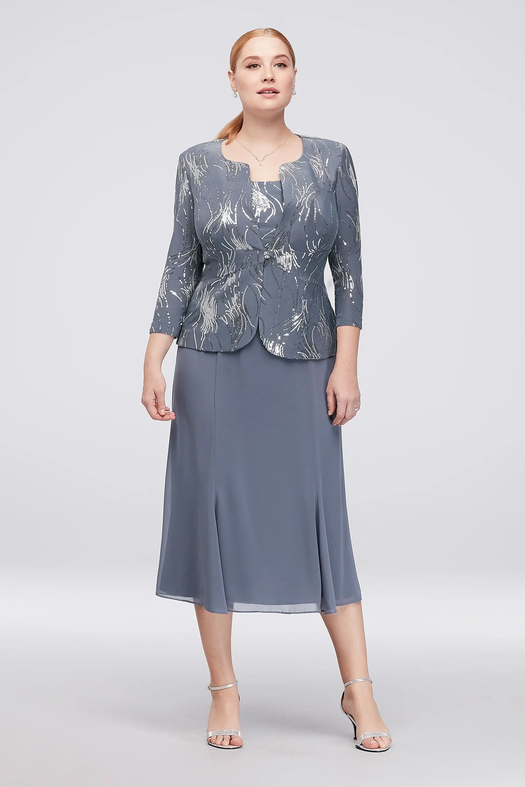 Sequin Burst Plus Size Tea-Length Dress and Jacket