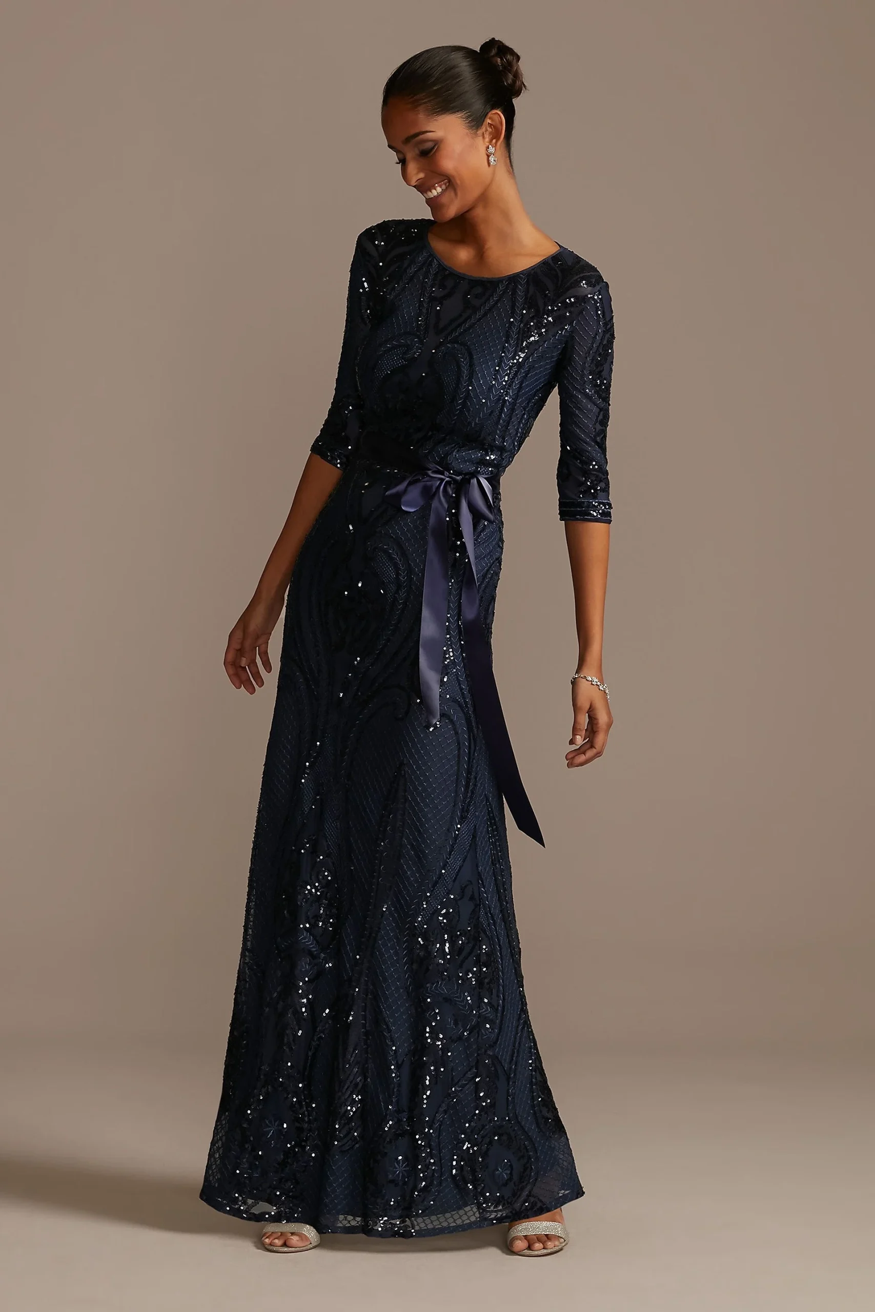 Sequin Damask Pattern Sheath Dress with Sash